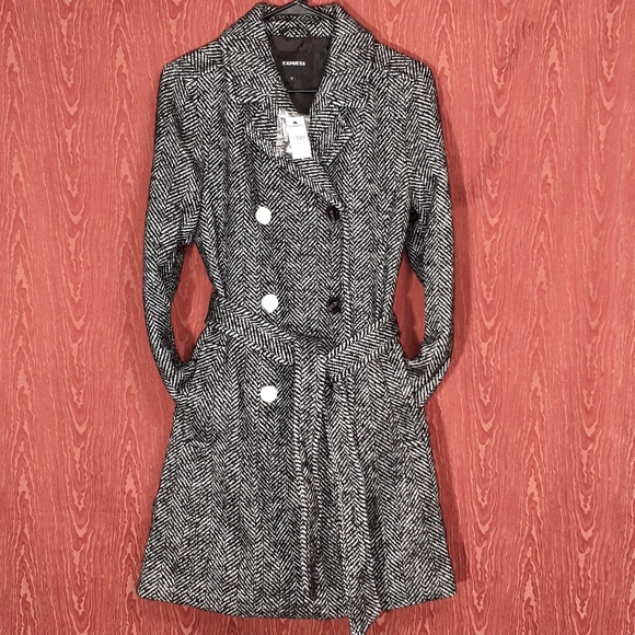 hot express black/white wool blend tweed trench coat belted